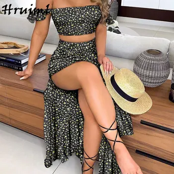 

2 Piece Set Women Skirt and Top Summer Floral Print Slash Neck Crop Top Split Long Dress Sexy Outfits for Woman Beach Sets 2020