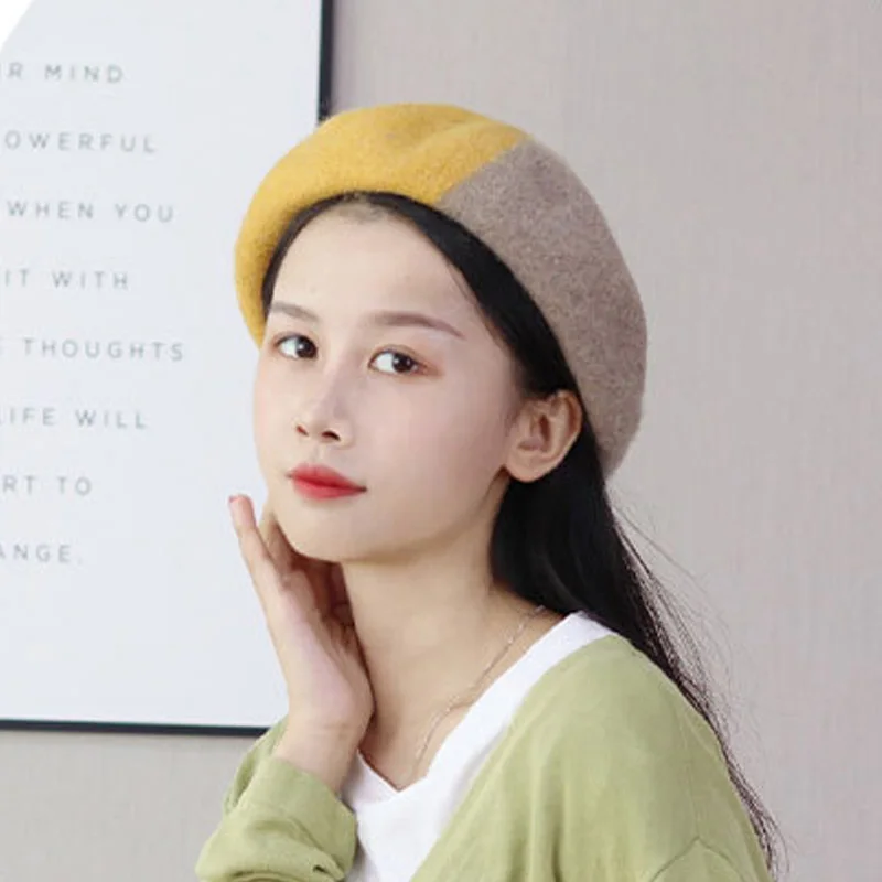 Japanese retro colored beret female autumn and winter Stitching color
