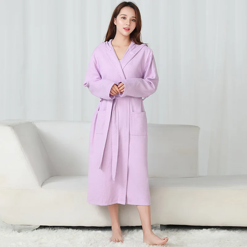 100% Cotton Waffle Bathrobes Hooded Couple Bathrobes Hotel White Nightgown Novelty Spring Autumn Nighties-price only one robe.