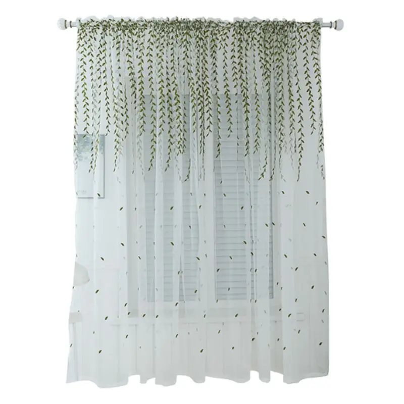 

Pastoral Embroidery Willow Leaves Sheer Panel Drapes Rod Pocket Window Curtain