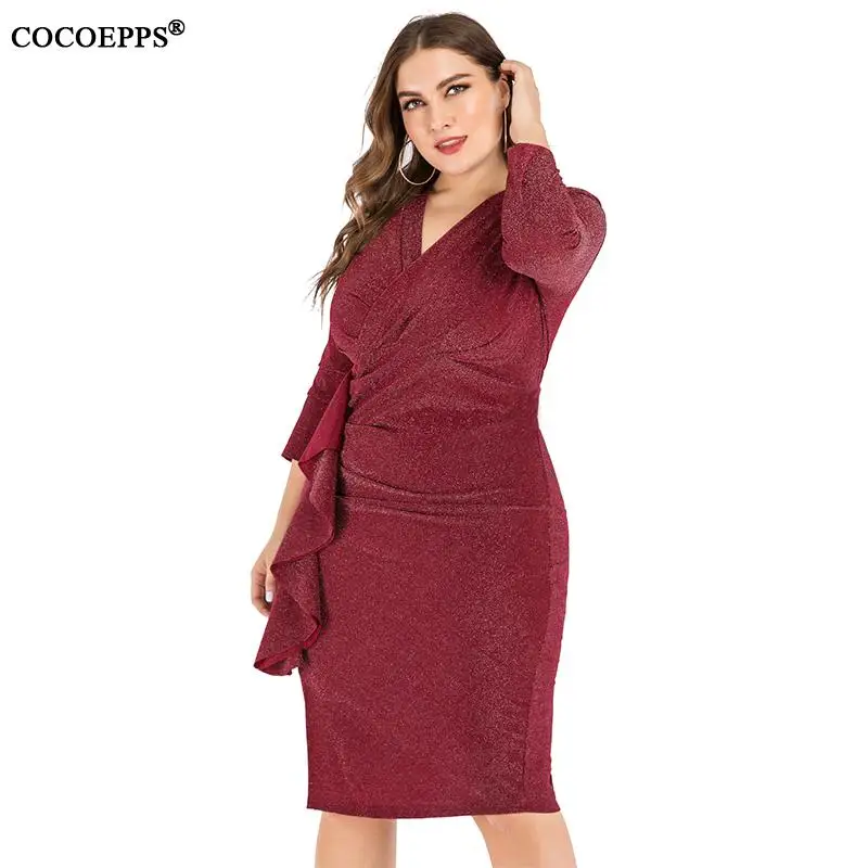 4XL 5XL Women Spring Large Size Dress Elegant V-neck Shiny Long Ruffle Office Dress Female Plus size Bodycon Red Night Vestidos