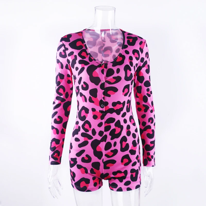 

OMSJ Newest Pink Leopard Print Bodysuit For Women Sexy Long Sleeve Skinny Jumpsuit Casual Nightwear Pajamas Onesie Overall 2020