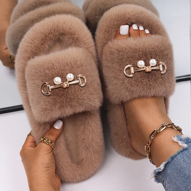 Fluffy Slippers Women Crystal Flower Decor Furry Sandals Elegant Ladies Home Flip Flops Faux Fur Slides Luxury Designer Shoes Khaki9