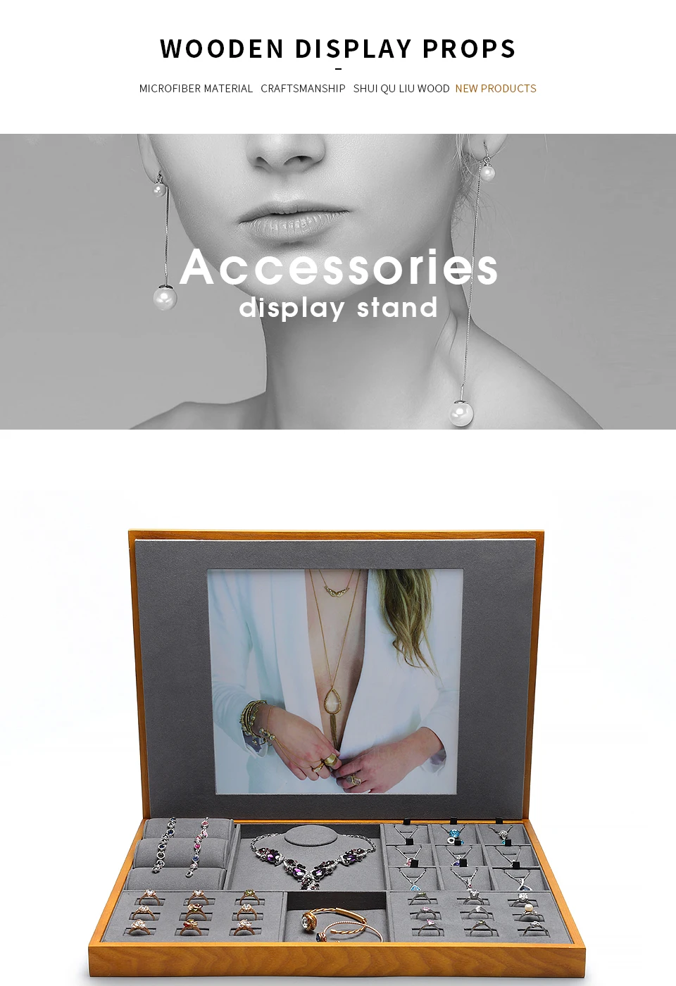 DIGU Jewelry Display Tray Wood Pendant Earrings Rings Fashion Square Box Jewelry Display Storage Props