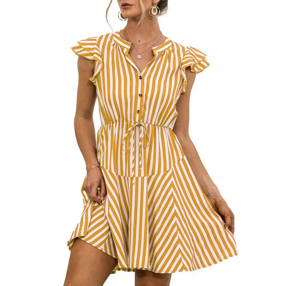 

Summer Female Shirt Dress Half Placket Stripe Flying Sleeve V Neck Lace-up Waist Tied Mini Dresses for Women 2021