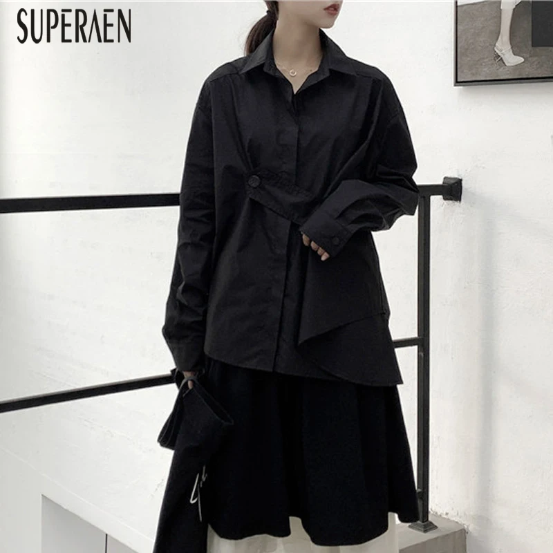 SuperAen, модная Осенняя Женская Асимметричная рубашка, новинка, однотонные Хлопковые женские блузки и топы, повседневная женская одежда