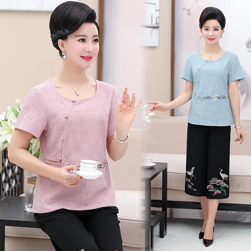 

Middle-aged WOMEN'S Apparels Summer Wear Cotton Linen Two-Piece Set 40-50-Year-Old Middle-aged Women Dress National Wind Short S