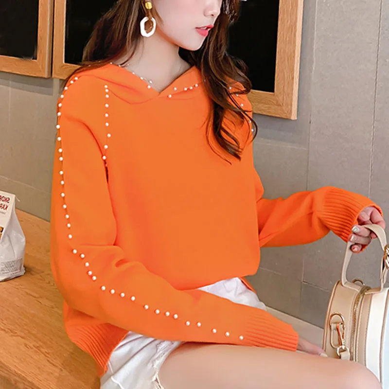 

Sueter mujer invierno 2019 knit sweater women Office Lady O-Neck Beading Solid black sweater ladies korean top hooded tops 0341
