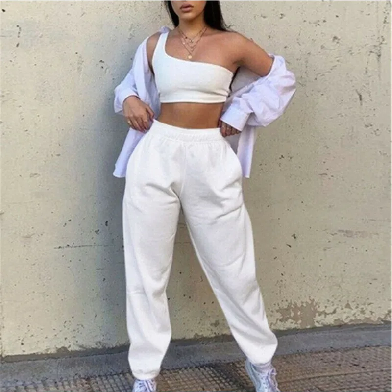 Брюки женские тонкие белые повседневные модные штаны в уличном стиле розовые на