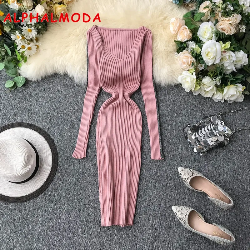 

ALPHALMODA Low V-neck Long-sleeved with Striped Ladies Autumn Sexy Sheath Knitting Dress Solid Color Stretchy Elastic Women Dres
