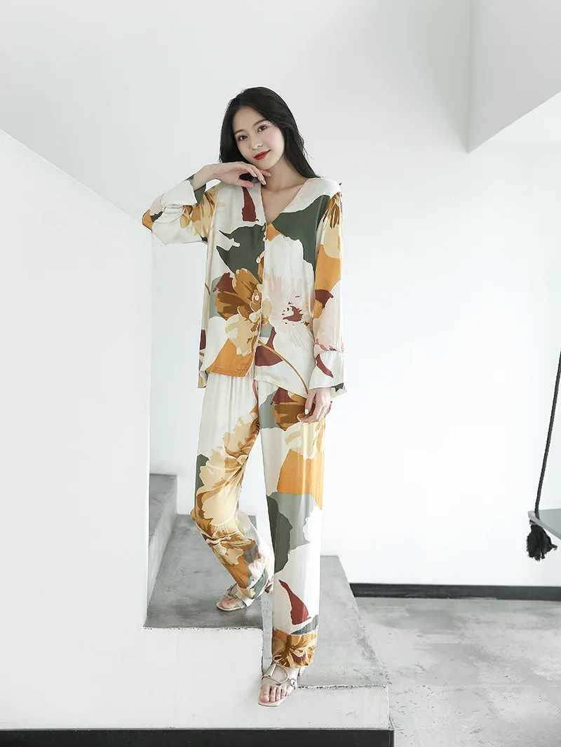 Autumn Ink Printing V-neck Long-sleeved and Long Trousers Suit Sleepwear for Ladies Large Size Cardigan Home Two-piece Clothes