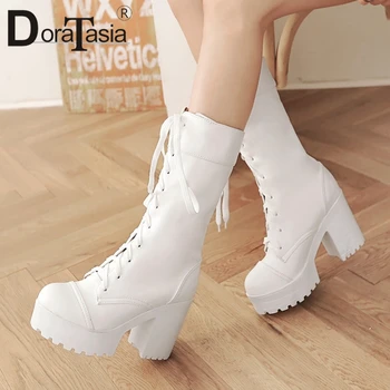 

DORATASIA Classic Ladies lace-up Street Style Platform Boots Fashion Party Boots Women High Block Heels mid-calf Shoes Woman