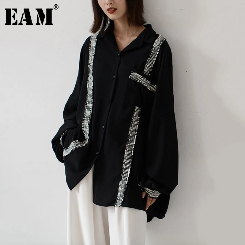  [EAM] Women Asymmetrical Split Big Size Blouse New Lapel Long Sleeve Loose Fit Shirt Fashion Tide S