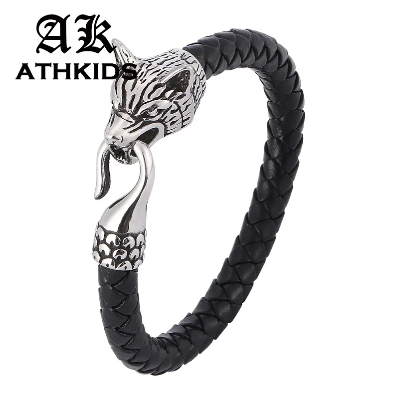 

Punk Men Jewelry Black/Brown Braided Leather Bracelets Wolf Head Stainless Steel Buckle Bracelet Male Wrist Band Hot Style Gifts