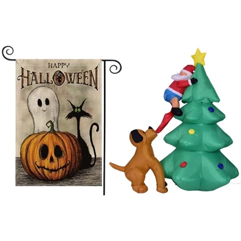 

1 Set 1.8M Inflatable Christmas Tree Us Plug & 1 Pcs Happy Halloween Garden Flag Vertical Double Sized