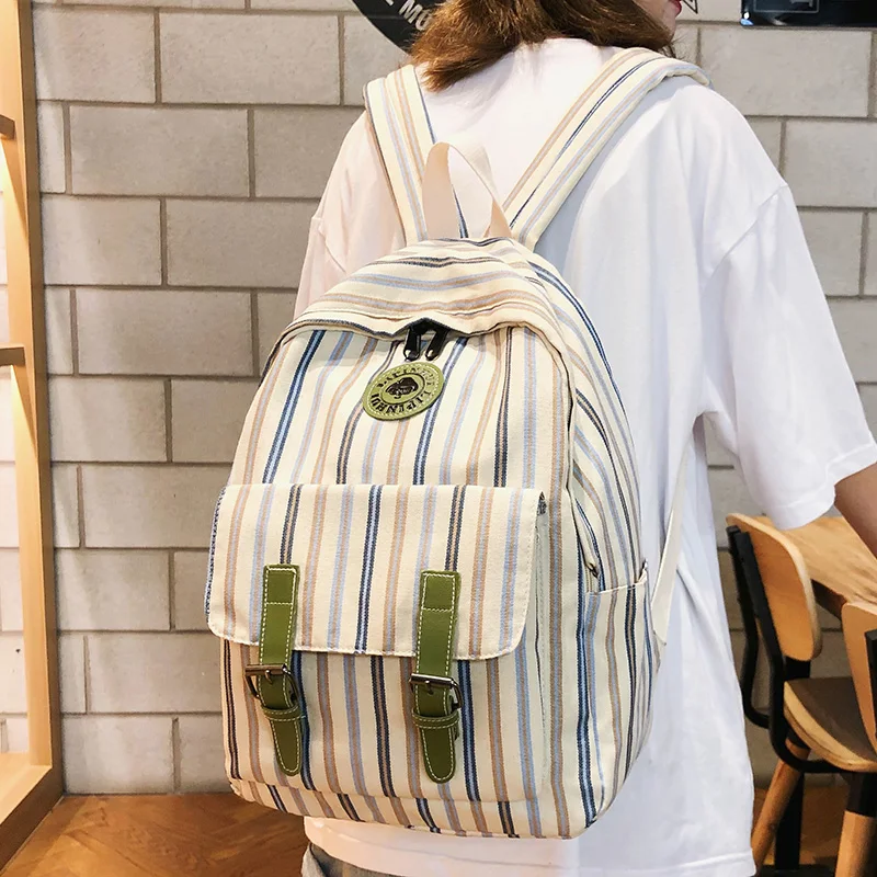 

Female Plaid Canvas Backpack Harajuku Student Women School Bag Girl Striped Cute Backpacks Kawaii Buckle Ladies Bag Book Teenage