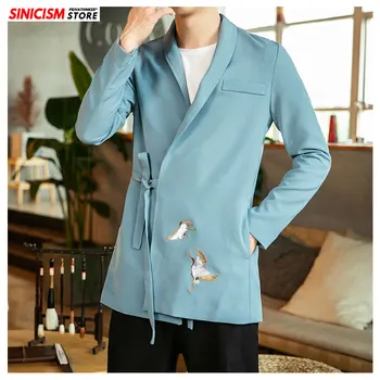 

Sinicism Store Men Chinese Style Hanfu Embroidery Trench Men's 2020 Loose Business Clothing Windbreaker Male Oversize Belt Coat