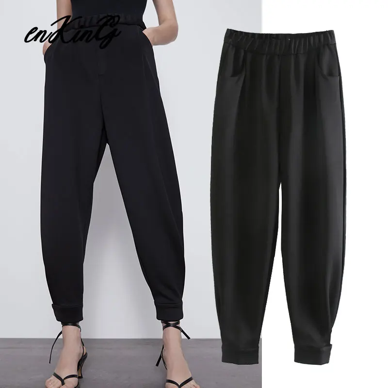 

2020 england high street satin Trousers loop black jogger harem za pants women pantalones mujer pantalon femme trousers women