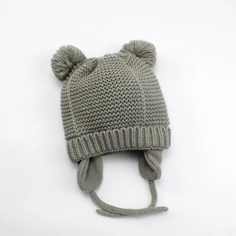 От 3 до 24 месяцев, шляпа на зиму осень для новорожденных мальчиков и девочек, теплые детские шапки с помпонами, вязаные однотонные детские шапки - Цвет: Серый
