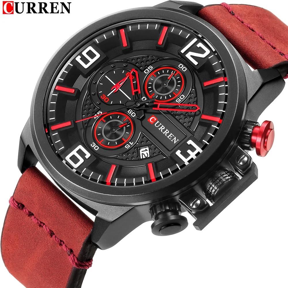 

Men's Watches CURREN Fashion&Casual Sports with Date Chronograph Red Wristwatch Waterproof Quartz Male Clock Relogio Masculino