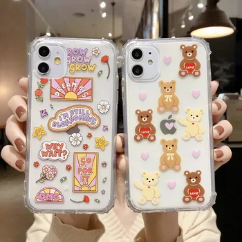 

Cute caring bear flowers phone case for iphone7 8pluls 11 pro funny bear transparent cellphone coque 6 for iphone x xs max xr