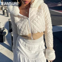 Iamsure solto collar peludo retalhos jaquetas inverno quente casual básico manga comprida casacos com zíper moda feminina bonito streetwear