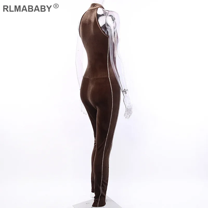 RLMABABY Slim Zipper Velvet Sexy Long Jumpsuit V Neck Sleeve Bodycon Rompers Overalls Autumn Winter Sportwear Female Jumpsuit