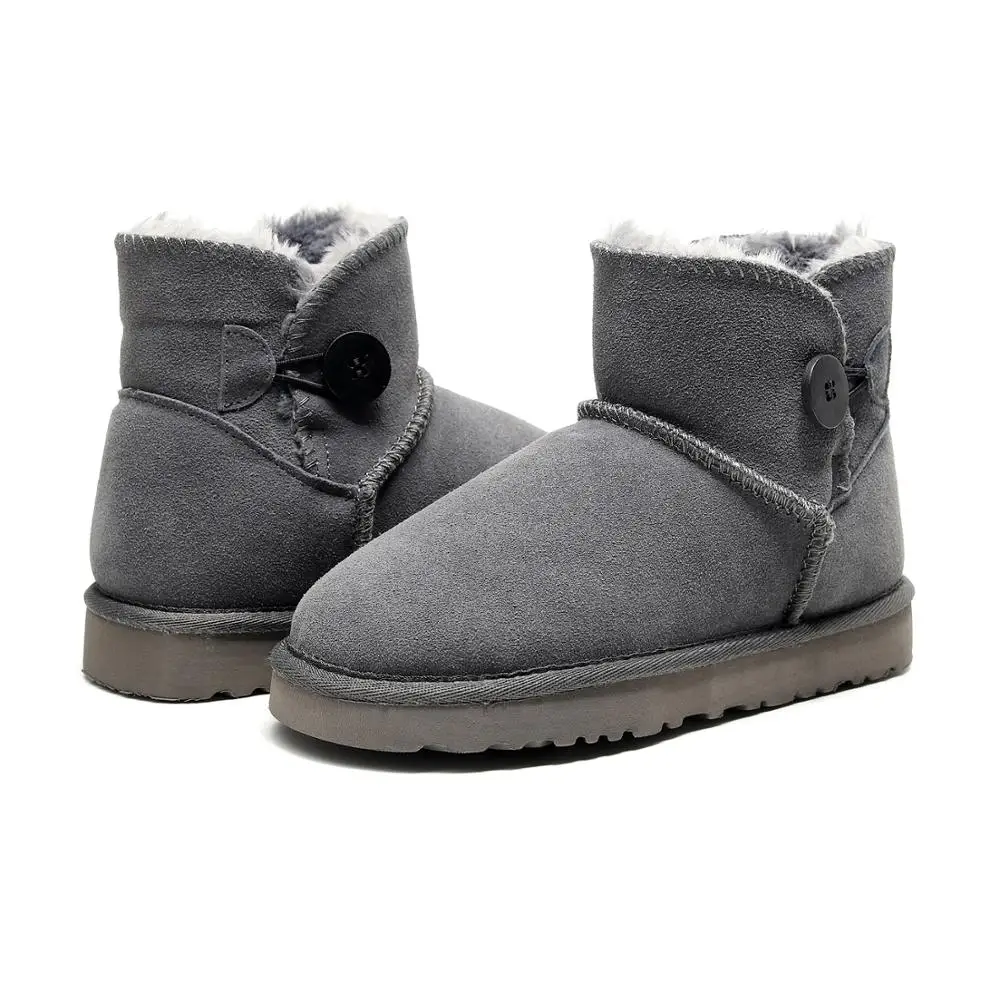 Женские зимние ботинки из натуральной кожи Лидер продаж Натуральная шерсть кнопки для меха; супер теплые уличные повседневные ботинки в австралийском стиле - Цвет: Серый