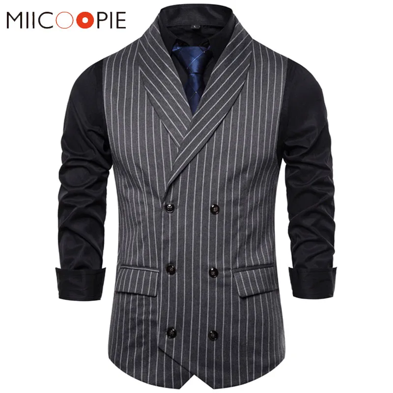 Suit Vest Formal-Dress Mens Waistcoat Stripe Double-Breasted Casual Gilet Plaid Business