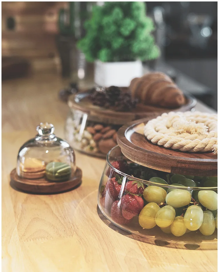 Transparent Glass Stylish Borosilicate Fruit Bowl With Real Bamboo Top - 7.9Inch