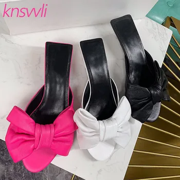 

Big Bowknot Kitten Heels Slippers Women Genuine Leather Peep Toe Mules Shoes Women Beach Slides Sexy Low Heel Zapatos De Mujer
