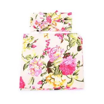 

2 Pcs Newborn Baby Receiving Blanket Headband Set Floral Swaddle Wrap Sleepsack U90B