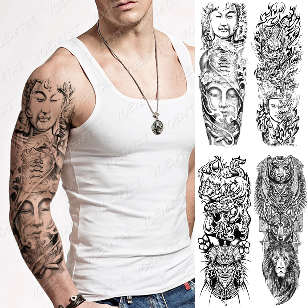 

Large Arm Sleeve Tattoo Buddha Shakyamuni Pagoda Waterproof Temporary Tatto Sticker Demonic Prajna Body Art Full Fake Tatoo Men