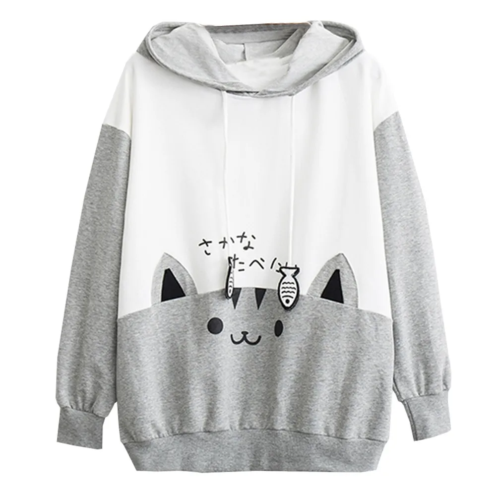 JAYCOSIN Women Casual Long Sleeve Sweatshirt Kitty Cat Print Pocket Thin Hoodie Pockets Unique Print Chic Comfortable Pullover