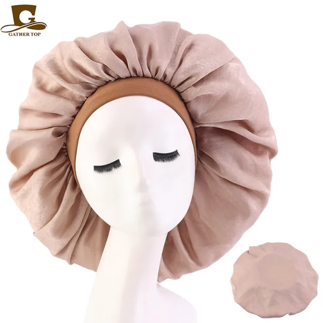 New Women Big Size Beauty print Satin Silky Bonnet Sleep Night Cap Head Cover Bonnet Hat for For Curly Springy Hair Black 408B Khaki