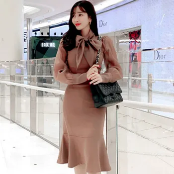 

Winter New Bowknot Puff Sleeve Mesh Patchwork Blouse Bodycon Midi Skirt Women's Two Piece Sexy Party Fishtail Dress