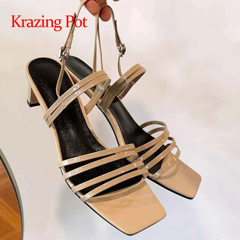 

Krazing pot square toe med heels French style gentlewomen mature energy young lady buckle straps summer mules women sandals L68