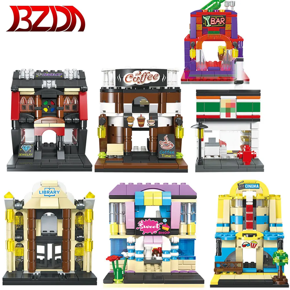 

BZDA Creative Street View Toy Building Blocks Mini Commercial Street Pizza Ice Cream Cafe Series Model Brick Children's Gift DIY