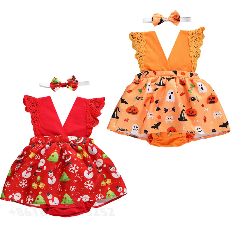 2020 Brand 0-18M Infant Baby Girl Romper Cute Christmas Santa Claus Halloween Spider Print Jumpsuit Lace Costume Baby Clothes