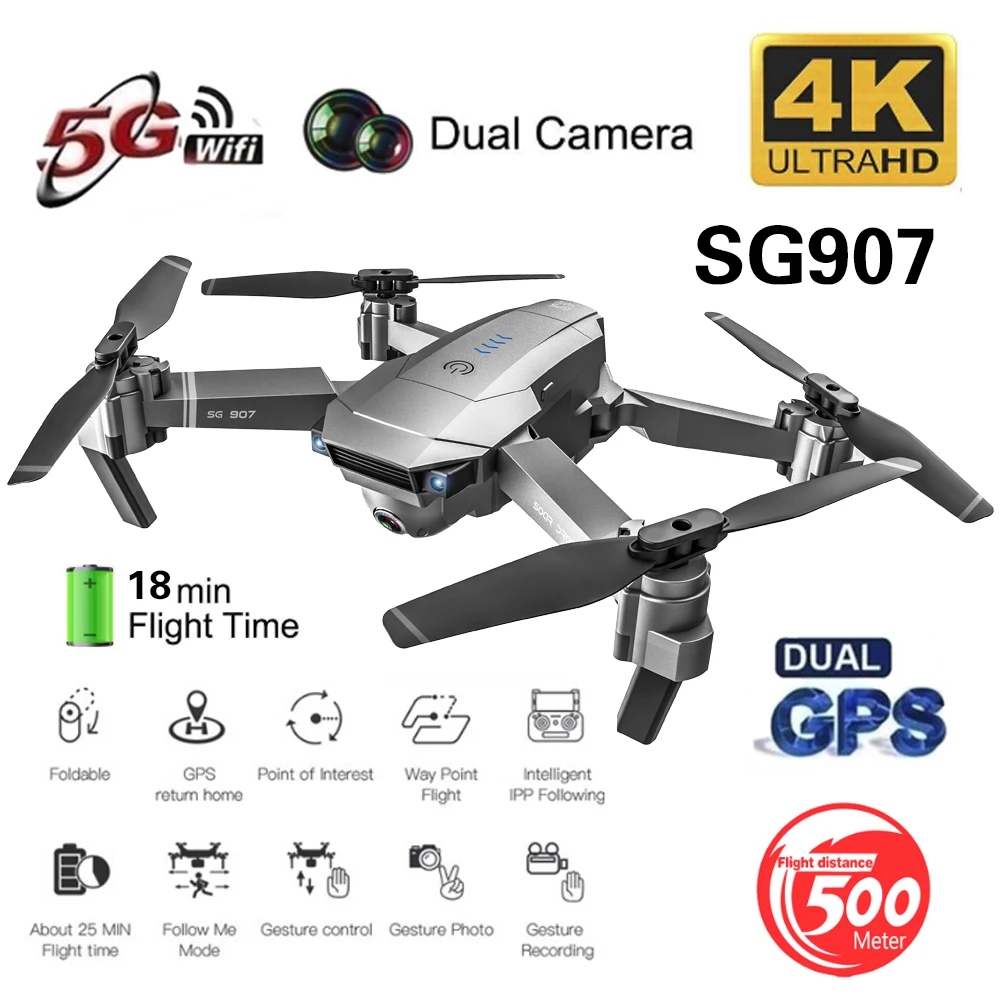 

Toy Drone UAV SG907 2.4GHz & 5G Network with GPS 4CH 6-Axis 1080p 2 Camera Stable Gimbal Gift HD RC Quadcopter Aircraft Kids