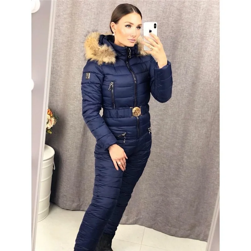 

2018 Autumn And Winter New Style Fashion Belt One-piece Ski Suit Women's Large Fur Collar Warm One-piece Cotton Coat