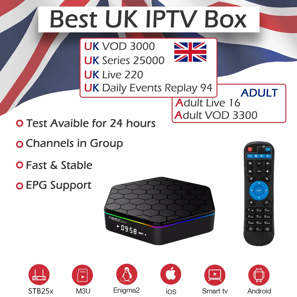 T95Z Plus телеприставка Amlogic S912 Android 7,1 2,4G& 5G WiFi 4K H.265 2G/16G Великобритания IPTV Германия Live+ VOD взрослый Европа IPTV