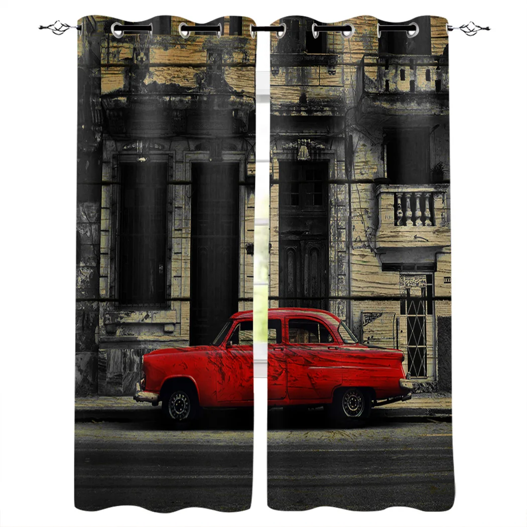 

Wood Grain Texture Retro Red Car Curtains Window Living Room Curtains High Blackout Curtain Thick