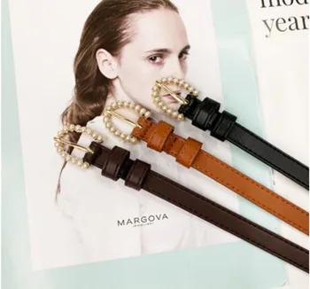 

2019 New Fashion Pearl Decorative Belt Ladies Belt Round Pin Buckle Pearl Belt Casual Pure Color PU Leather Thin Belt
