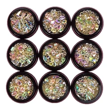 1 caja de diamantes de imitación de colores en 3D mezclados, decoraciones para uñas, gemas, joyas AB, marco de Metal brillante, bola de acero, accesorios de cristal
