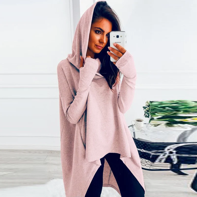 Pink Viensta 2XL осень зима толстовка с капюшоном Твердые Длинные худи неправильной формы топ Повседневный длинный рукав карман свитер для женщин, пуловер - Цвет: Pink
