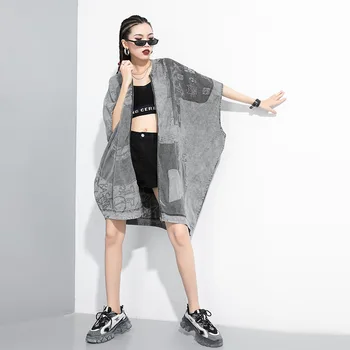 

Gray And Blue Color Batwing Sleeves New Arrivals Female 2020 Summer Zipper Printed Cool Dress Popular Irregular Dresses Zipper