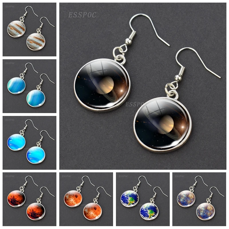 Eight Planet Earrings Solar System Jupiter Mercury Neptune Sun Moon Saturn Earth Glass Cabochon Hook for Mom Sisters | Украшения и