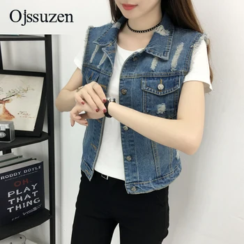 

Large Sizes Jeans Casual Vest Women's Sleeveless Jacket Frayed Female Vest Jeans Colete Feminino Print Vest Pattern Denim Women