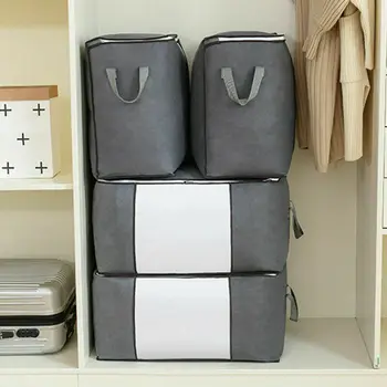 

Foldable Zipper Bags Multifunction Clothes Quilt Blanket Storage Bag Travel Charcoal Bamboo Organizer Square Box Container